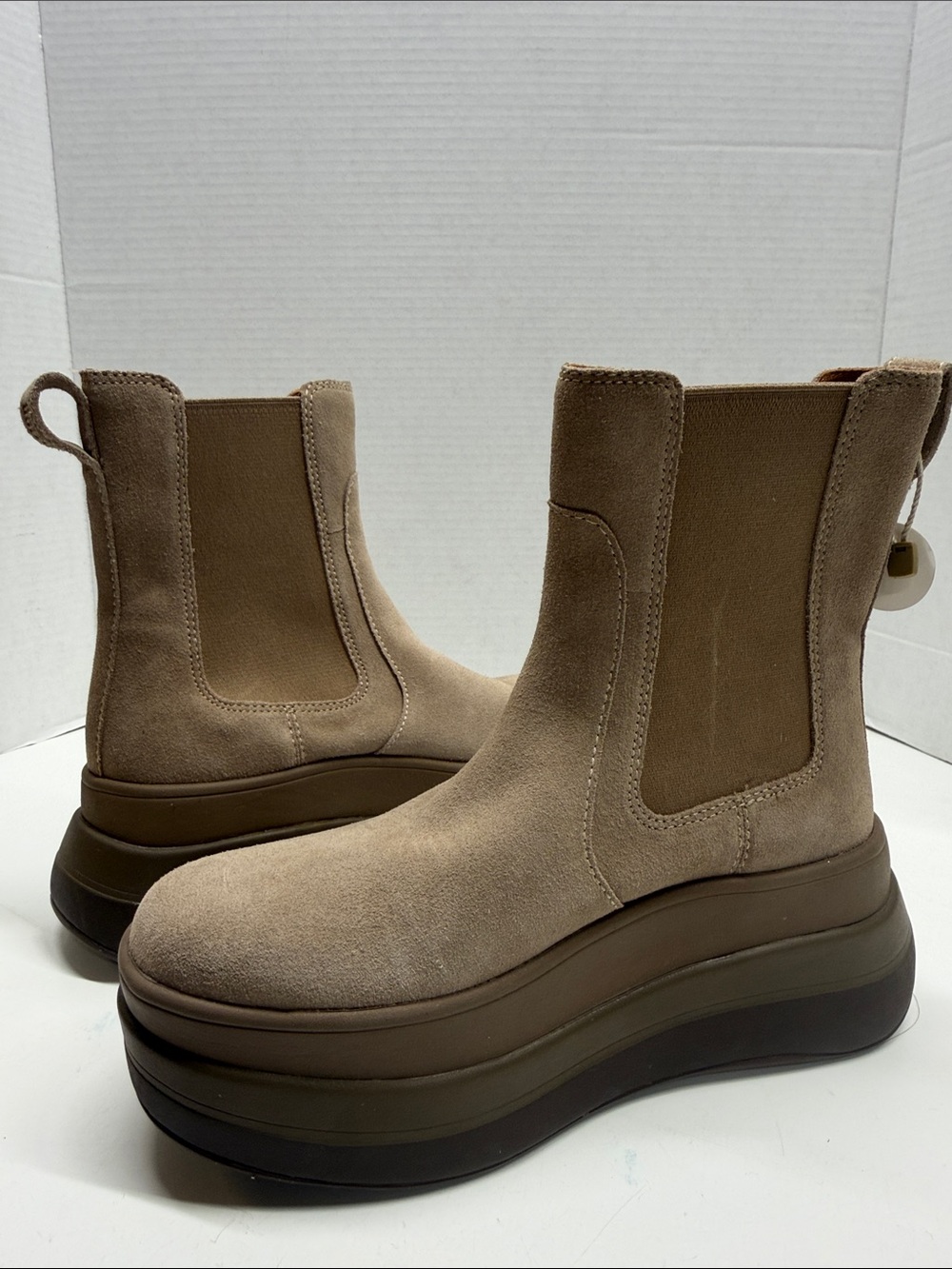 FitFlop F-Mode Stack Suede Chelsea Platform Boots Ankle Bootie Taupe Brown New 8 - Picture 6 of 9